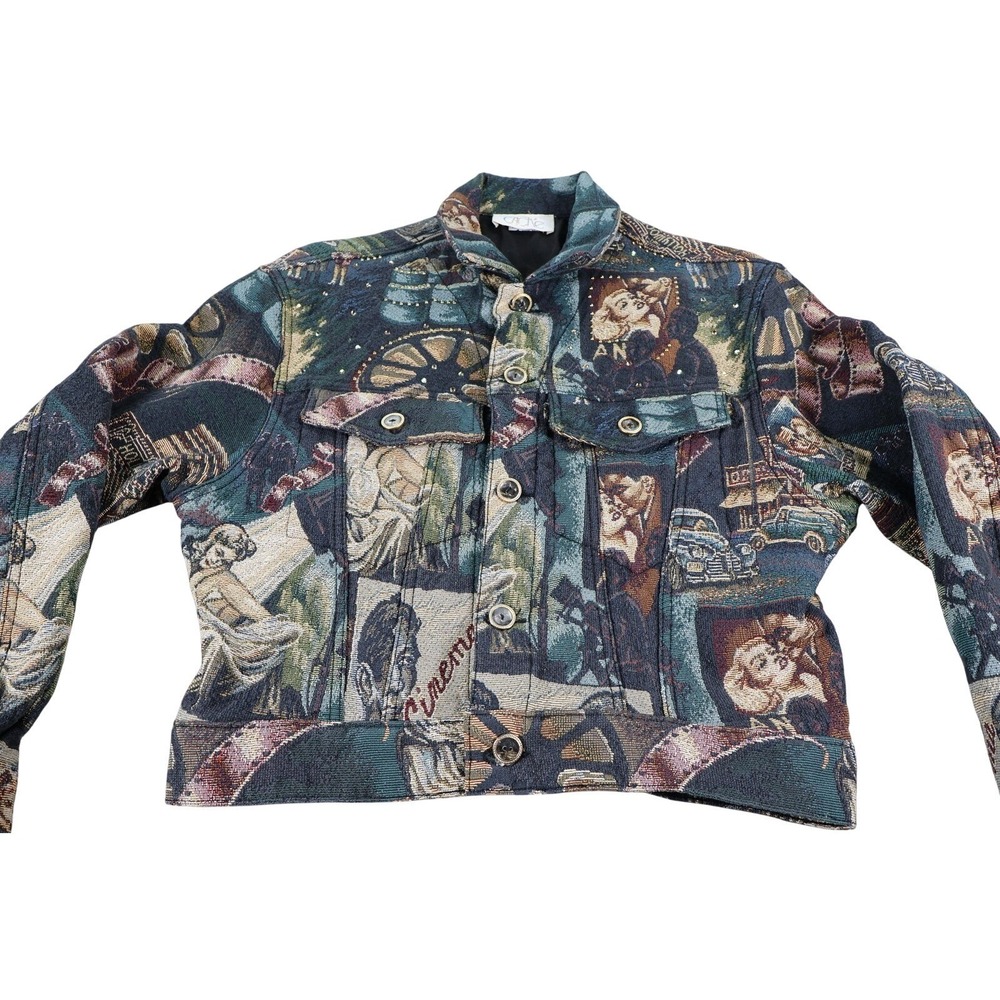 Cave‎ Jacket Womens Medium Multicolor Tapestry Movie Print Button Front Retro - Picture 3 of 7